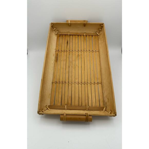 Mid 20th Century Light Bamboo Slat Lap Serving Tray with Cane Handle - Picture 1 of 9